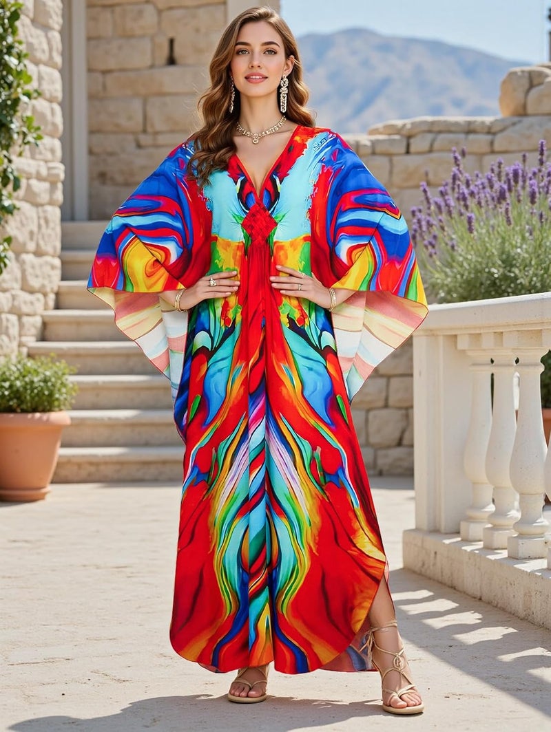 IMAGEKOPE Women's Plus Size Animal Print V-Neck Batwing Kaftan Beach Dress Bathing Suit Cover-Up Loungewear - Image 2